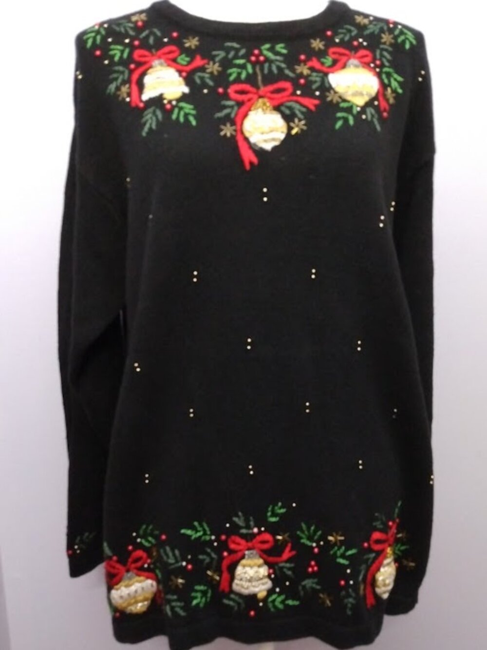 Vintage Women's XL Ugly Christmas Sweater Embroidered Ornaments Ribbon Beaded